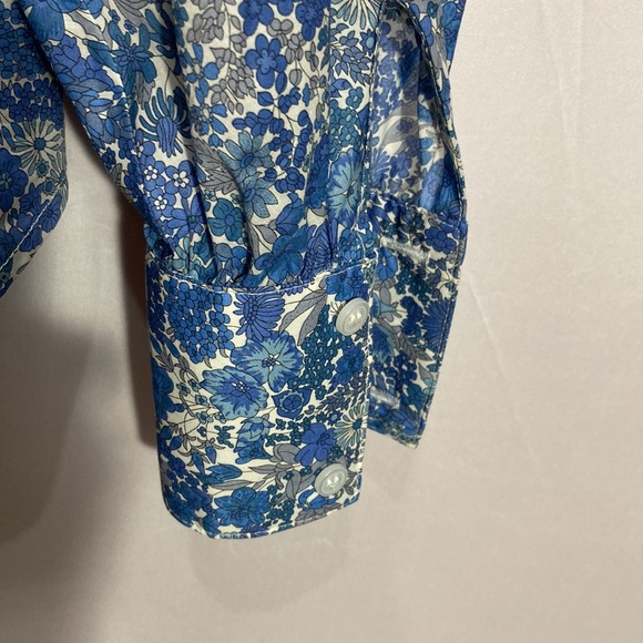 Smythe Wo Ruched Blouse Blue Floral Keyhole Button Back - Picture 6 of 6